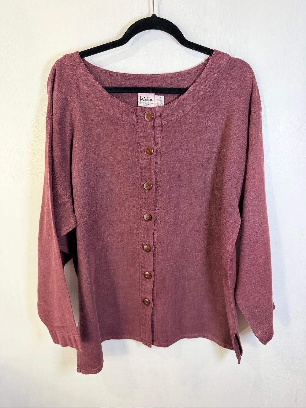Kiko Womens 100% Linen Button-Front Long Sleeve Top Blouse Dusty Mauve One Size